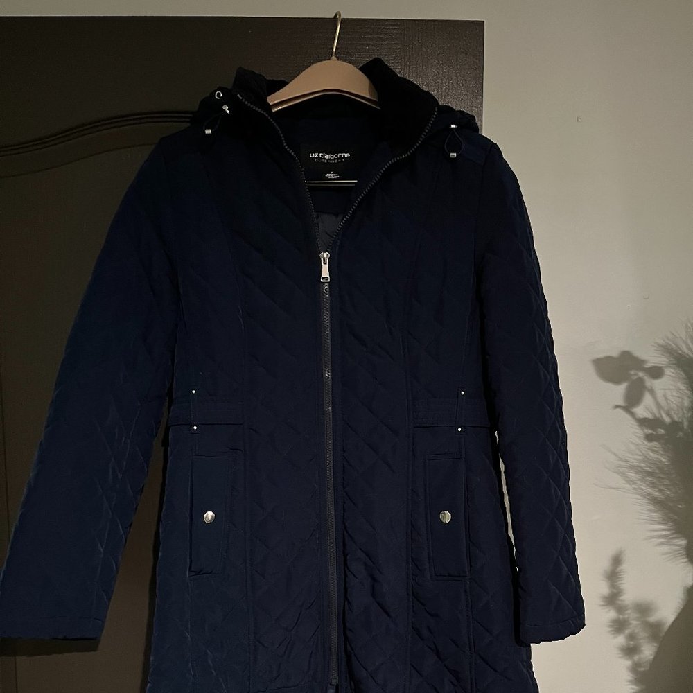 LIZ CLAIBORNE WINTER SPRING FALL LINED FULL ZIP HOOD JACKET WOMEN NAVY MEDIUM